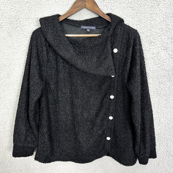 Adrienne Vittadini‎ Sweater Women Lg Black Shawl Collar Boucle Button Old Money - Picture 1 of 7